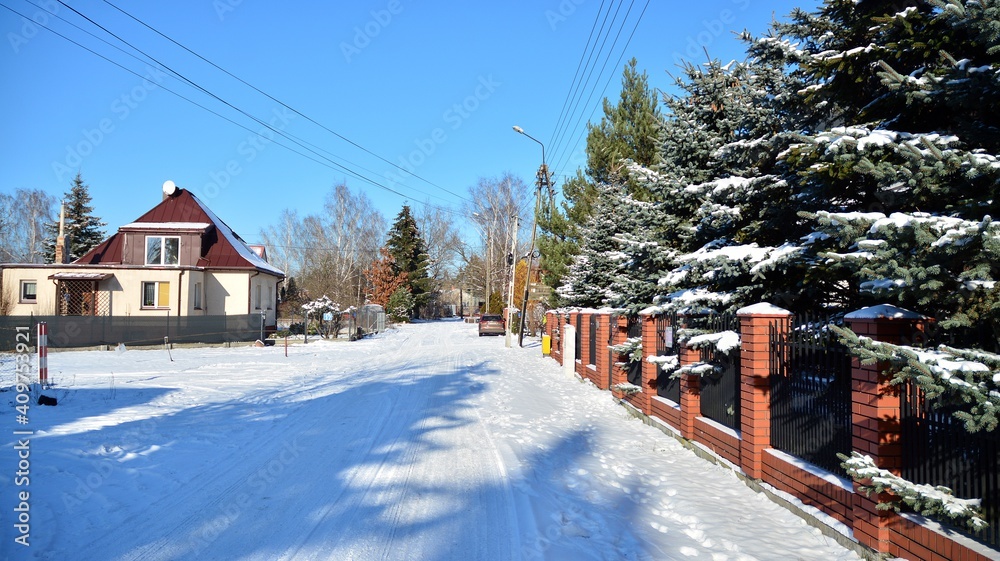 白色暴风雪期间郊区的居民区，道路被雪覆盖。