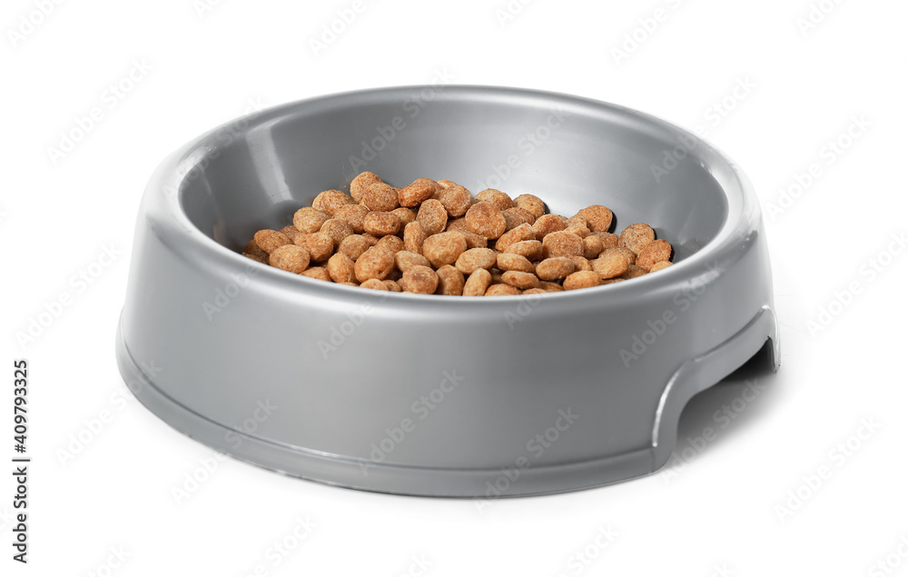 Bowl with dry pet food on white background