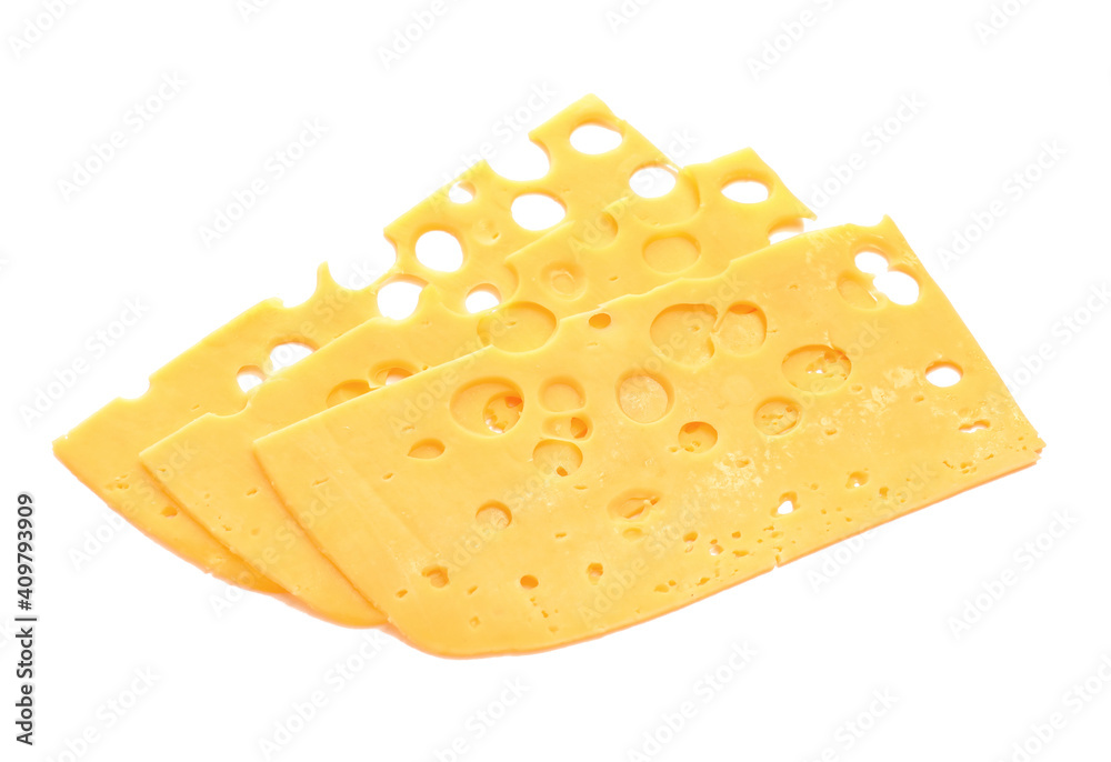 Slices of tasty cheese on white background