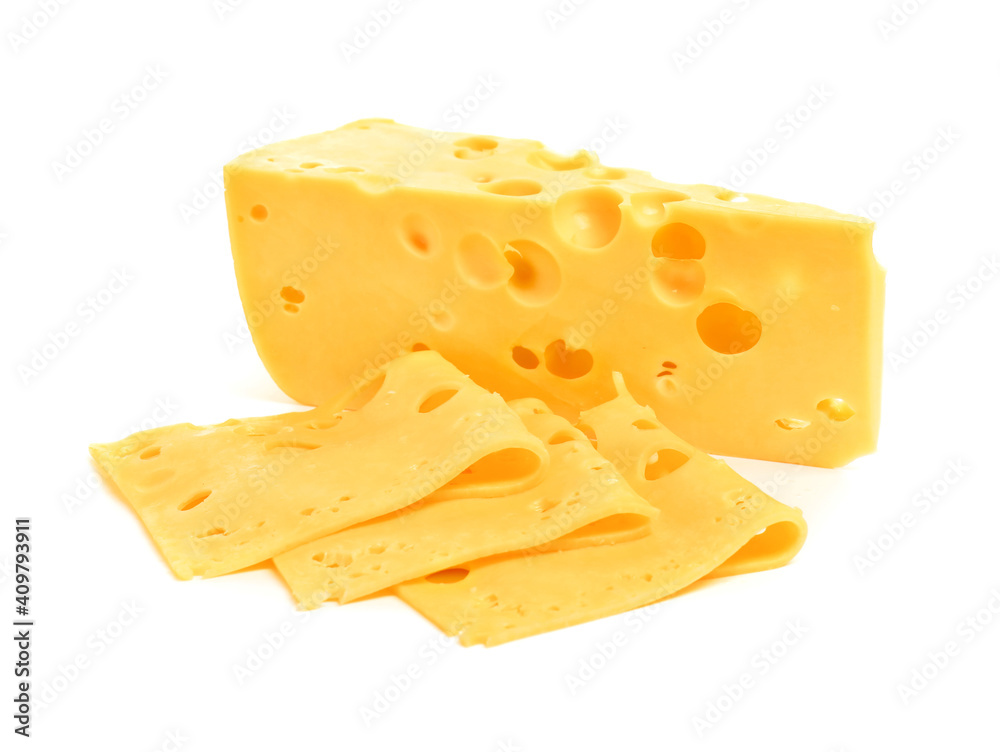 Pieces of tasty cheese on white background