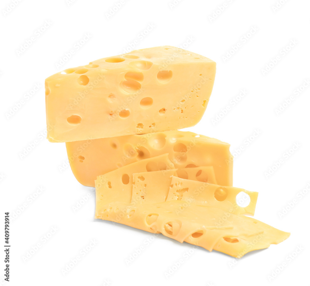 Pieces of tasty cheese on white background