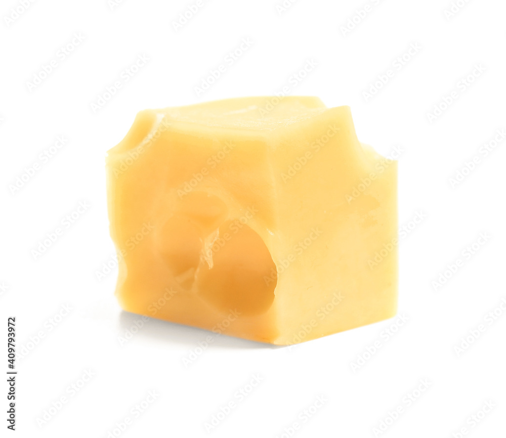 Piece of tasty cheese on white background