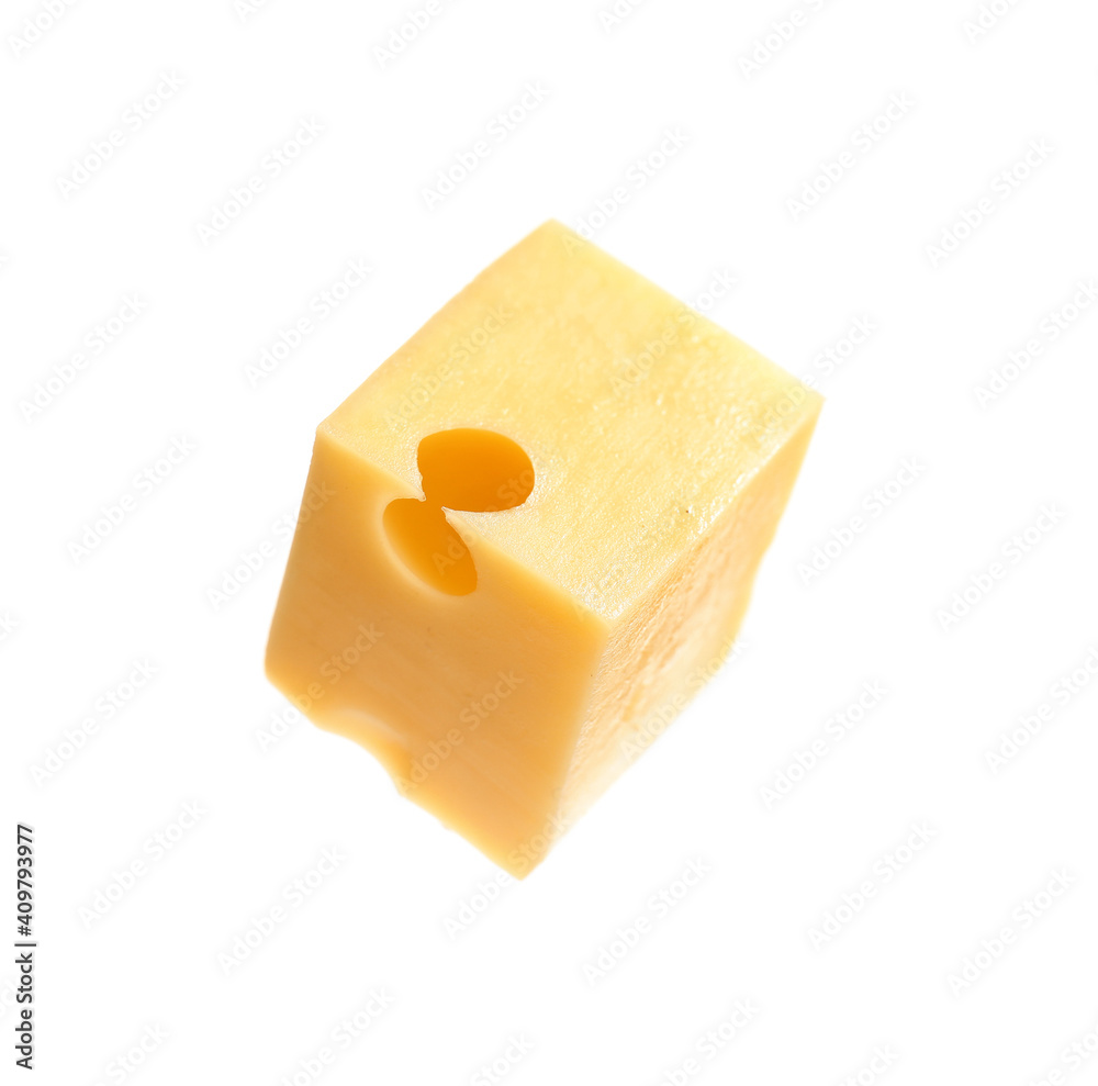 Piece of tasty cheese on white background