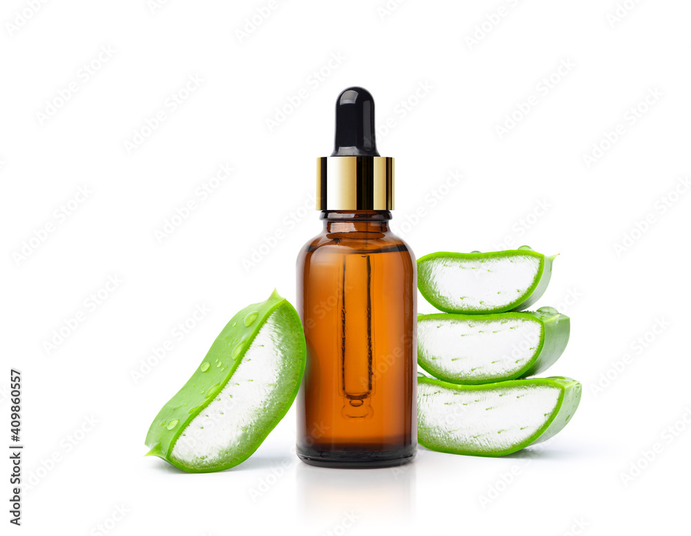 Aloe vera essential oil with sliced isolated on white background.