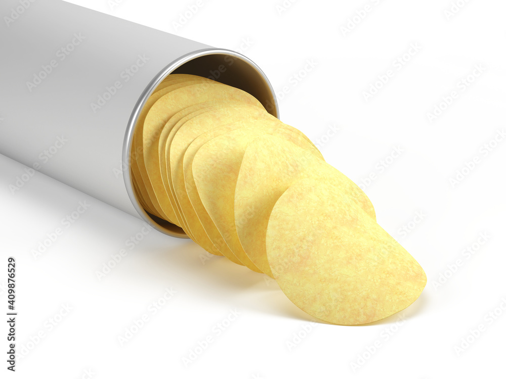 Open white cardboard cylinder box can with potato chips. 3d rendering