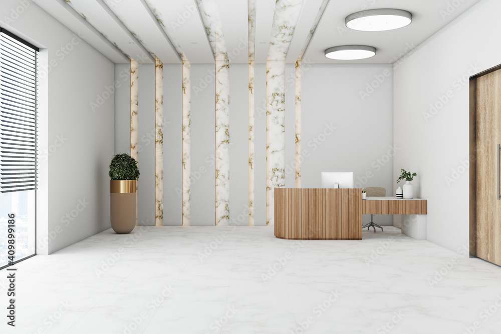 Bright hotel hall with reception table, computer, plant and citi view.