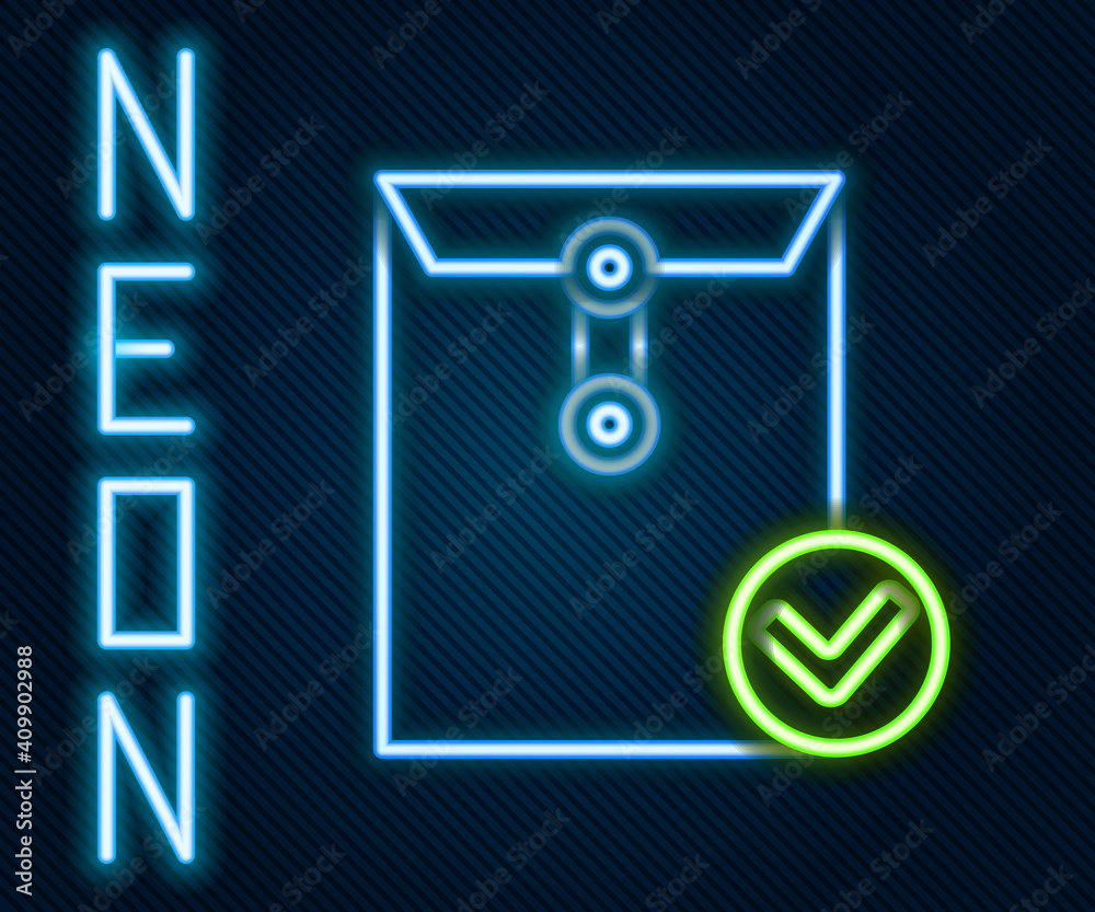 Glowing neon line Envelope and check mark icon isolated on black background. Successful e-mail deliv