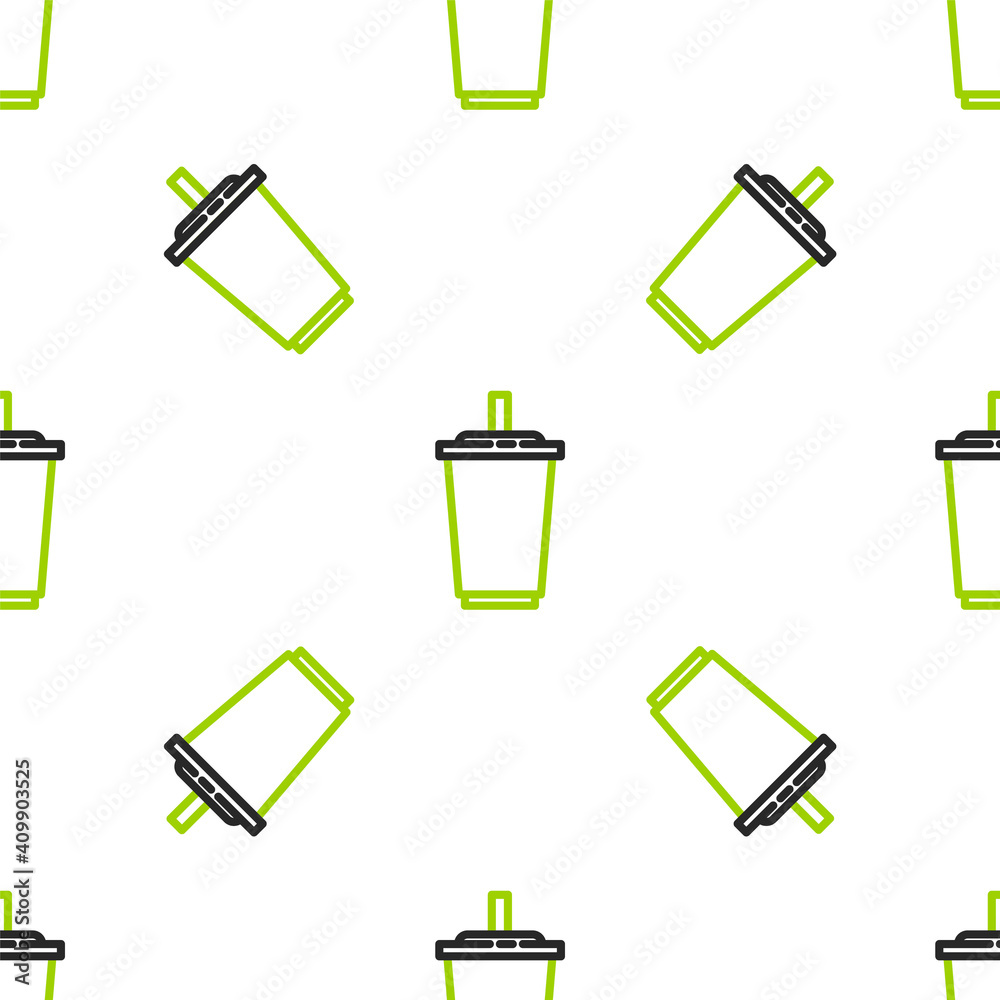 Line Paper glass with drinking straw and water icon isolated seamless pattern on white background. S