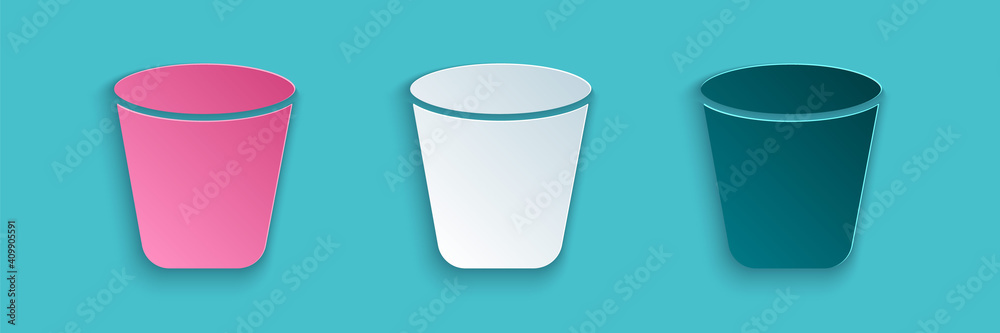 Paper cut Trash can icon isolated on blue background. Garbage bin sign. Recycle basket icon. Office 