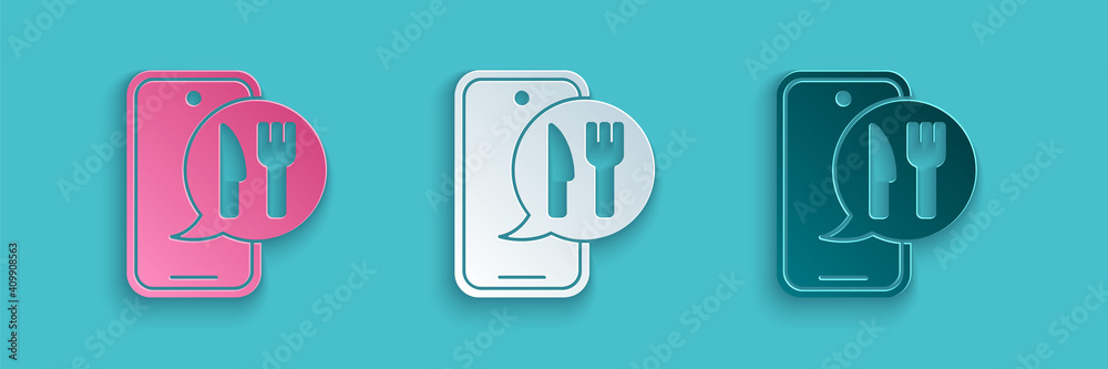 Paper cut Online ordering and fast food delivery icon isolated on blue background. Burger sign. Pape