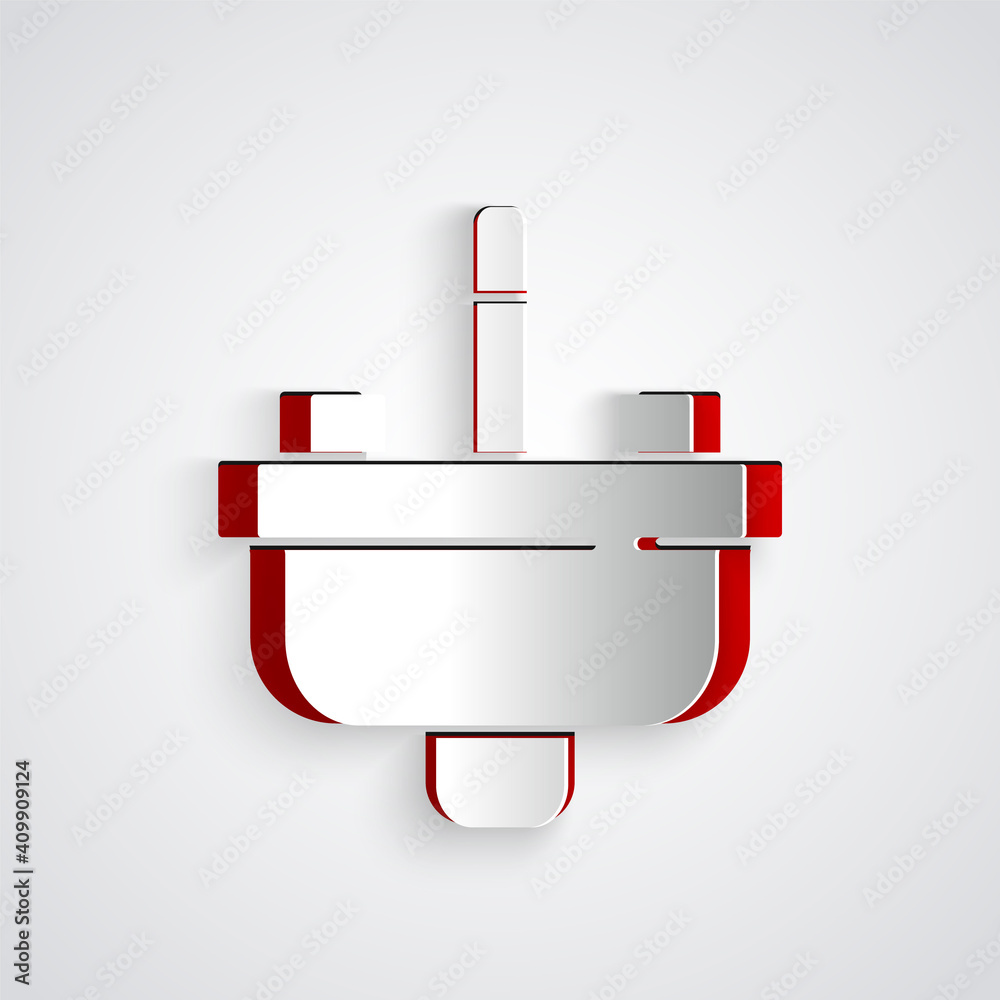 Paper cut Washbasin with water tap icon isolated on grey background. Paper art style. Vector.