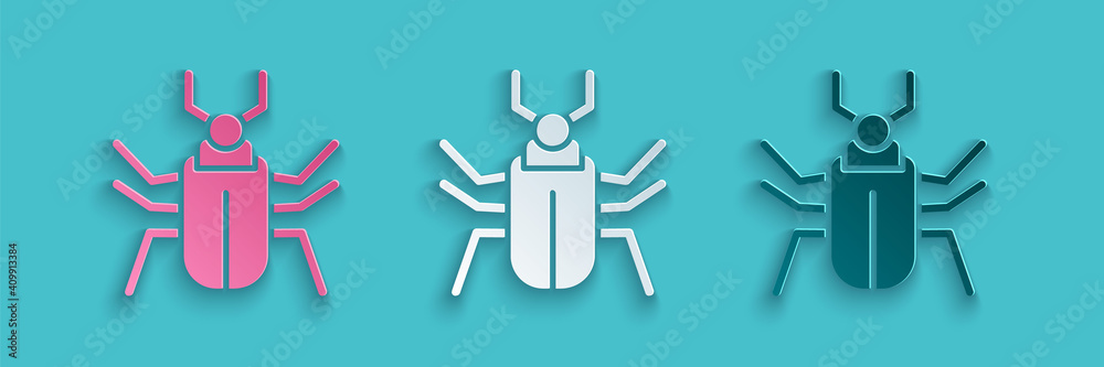 Paper cut Insect fly icon isolated on blue background. Paper art style. Vector.