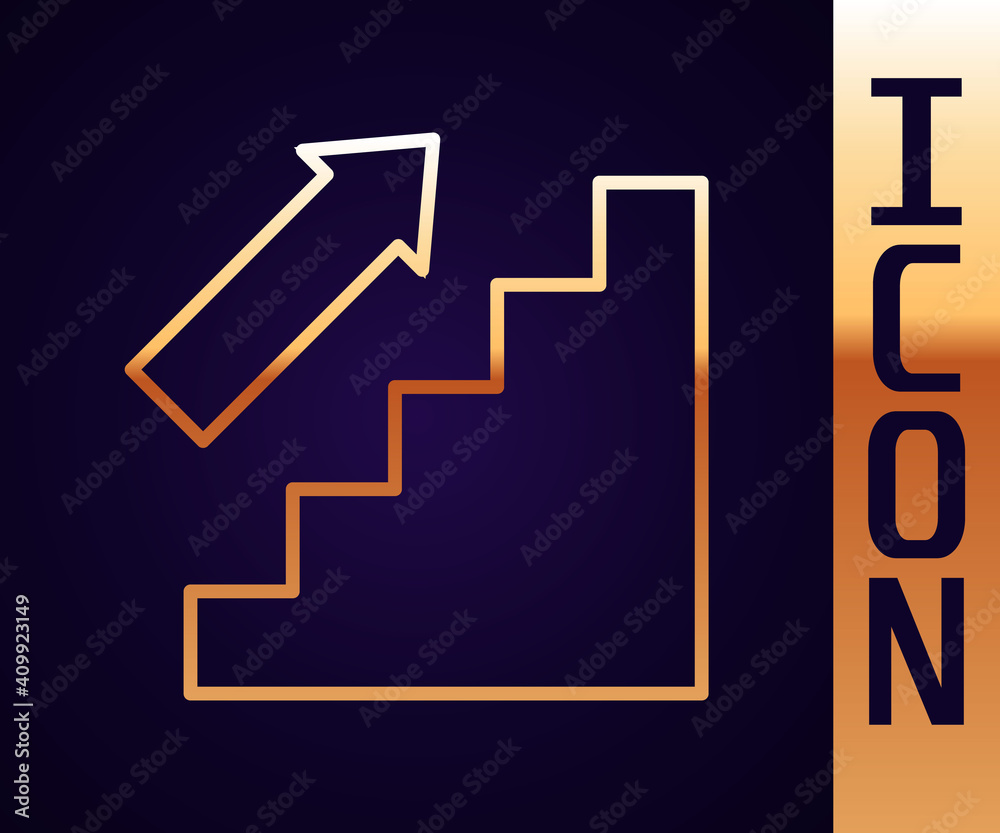 Gold line Stairs up icon isolated on black background. Vector.