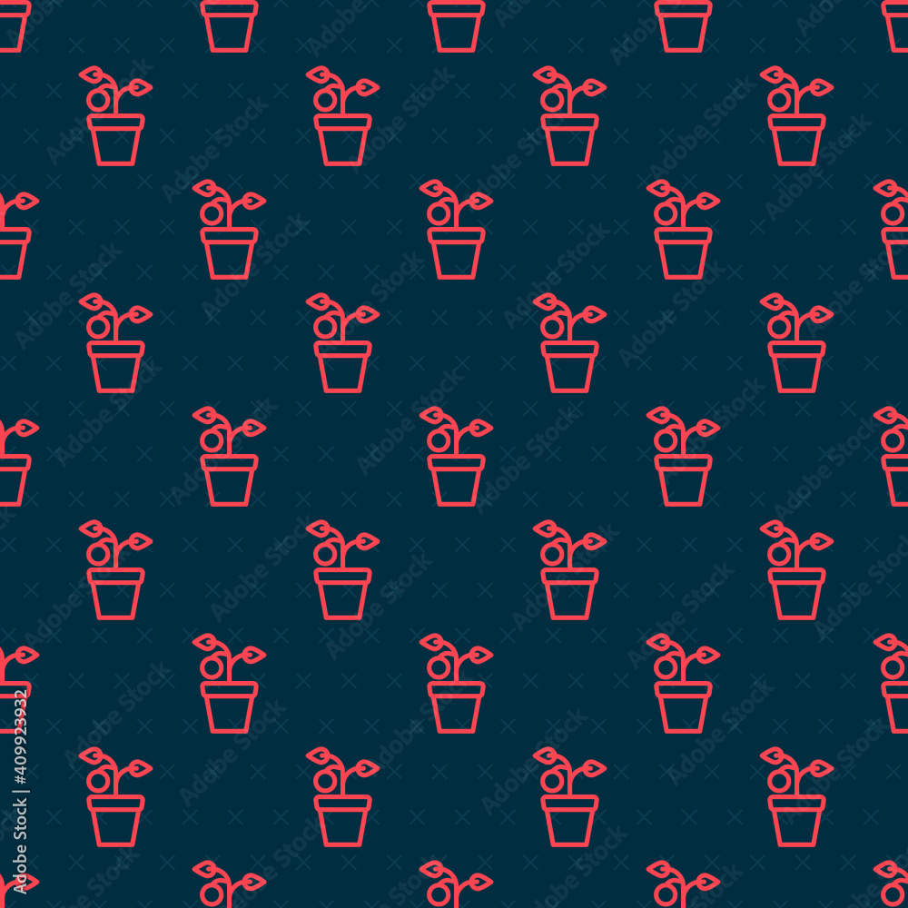 Red line Plant in pot icon isolated seamless pattern on black background. Plant growing in a pot. Po