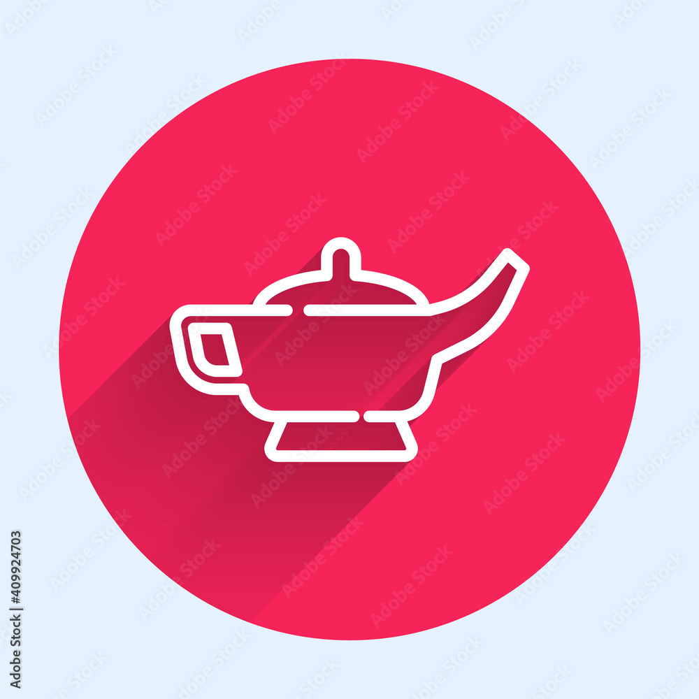 White line Magic lamp or Aladdin lamp icon isolated with long shadow. Spiritual lamp for wish. Red c