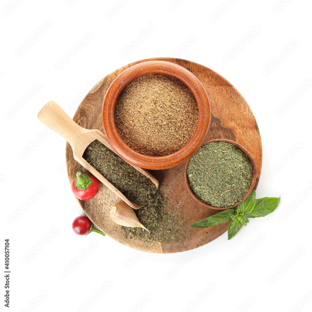 Tray with different spices on white background