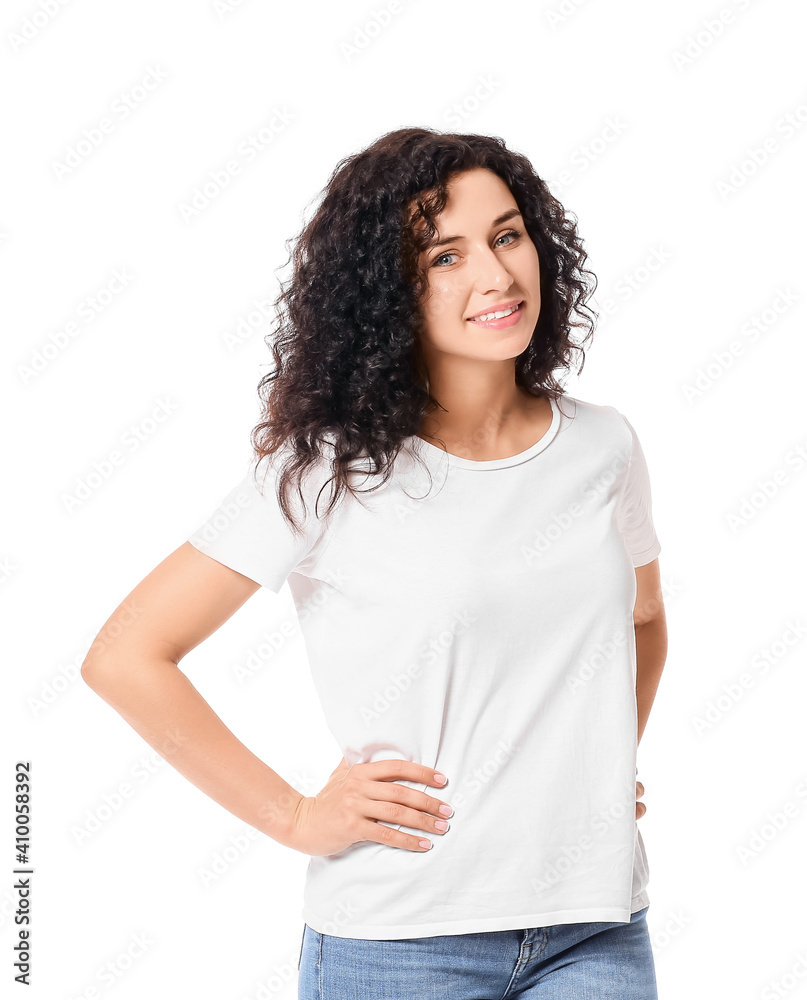 Portrait of young woman on white background