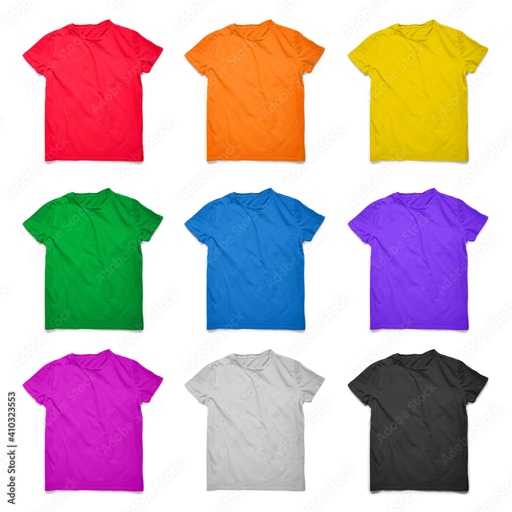 Collection of bright t-shirts on white background