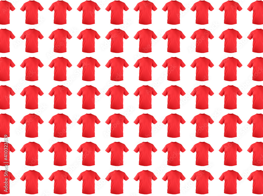 Many red t-shirts on white background