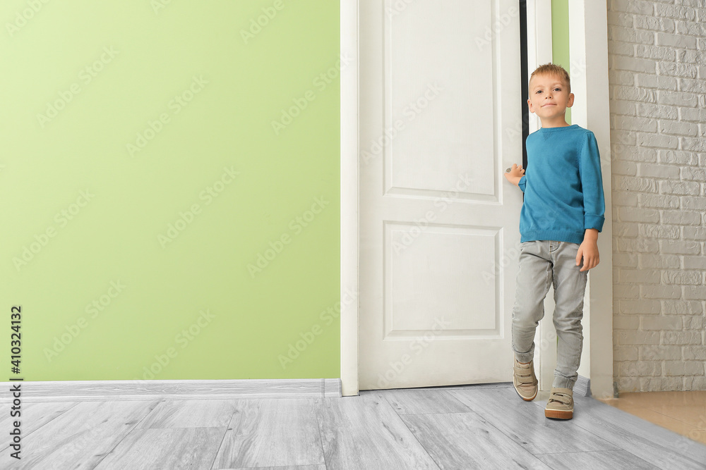 Cute little boy opening door in room