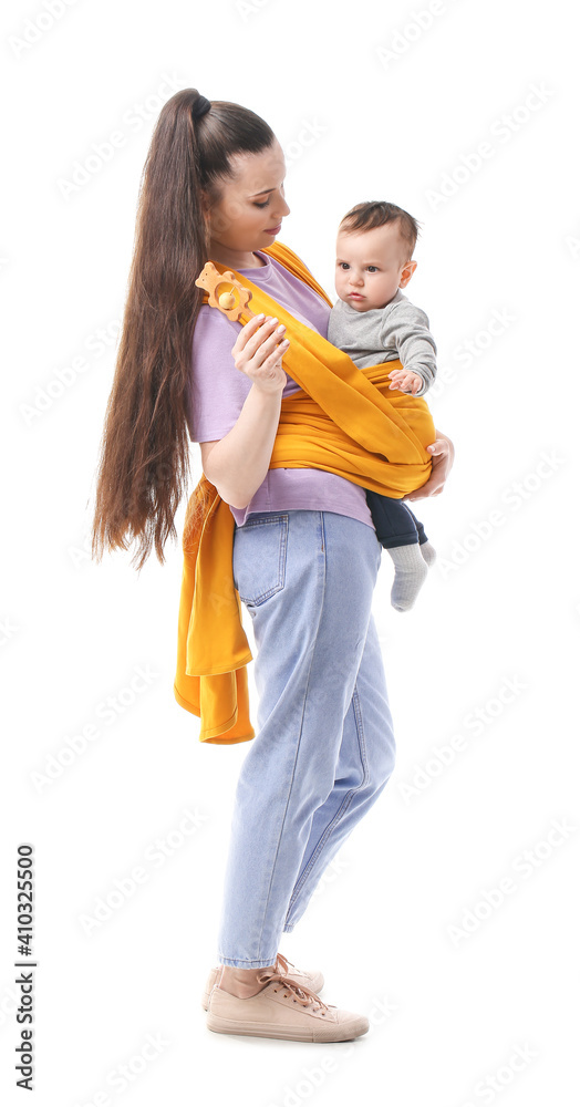 Young mother with little baby in sling on white background