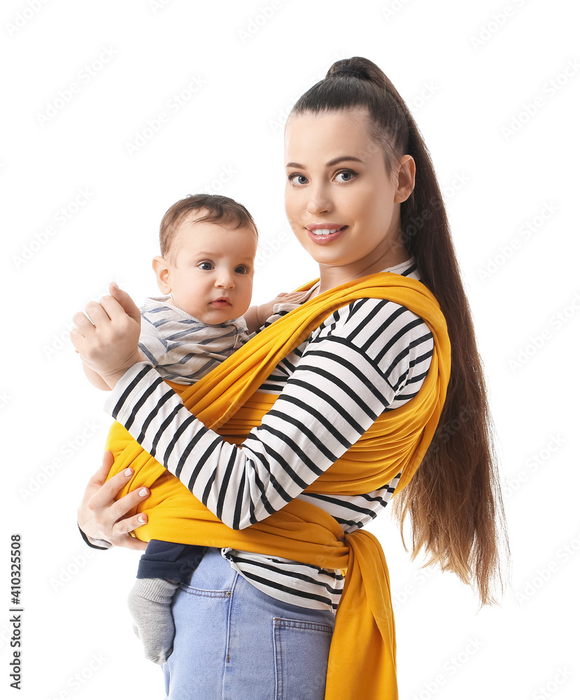 Young mother with little baby in sling on white background