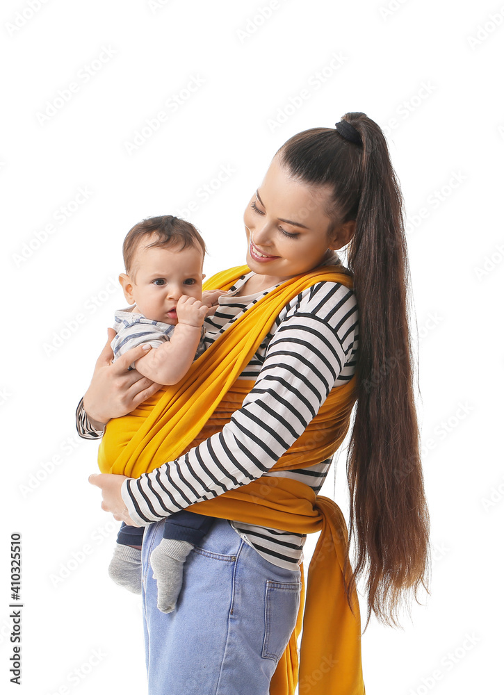 Young mother with little baby in sling on white background