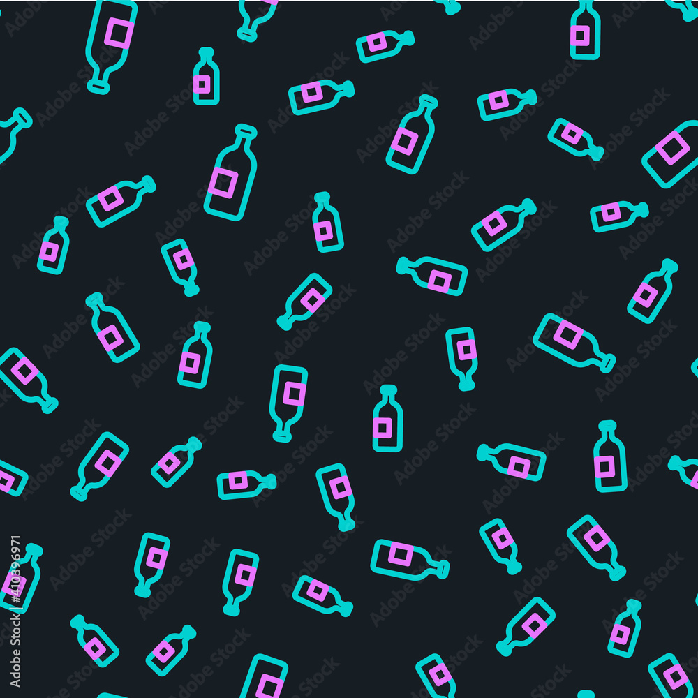 Line Alcohol drink bottle icon isolated seamless pattern on black background. Vector Illustration.