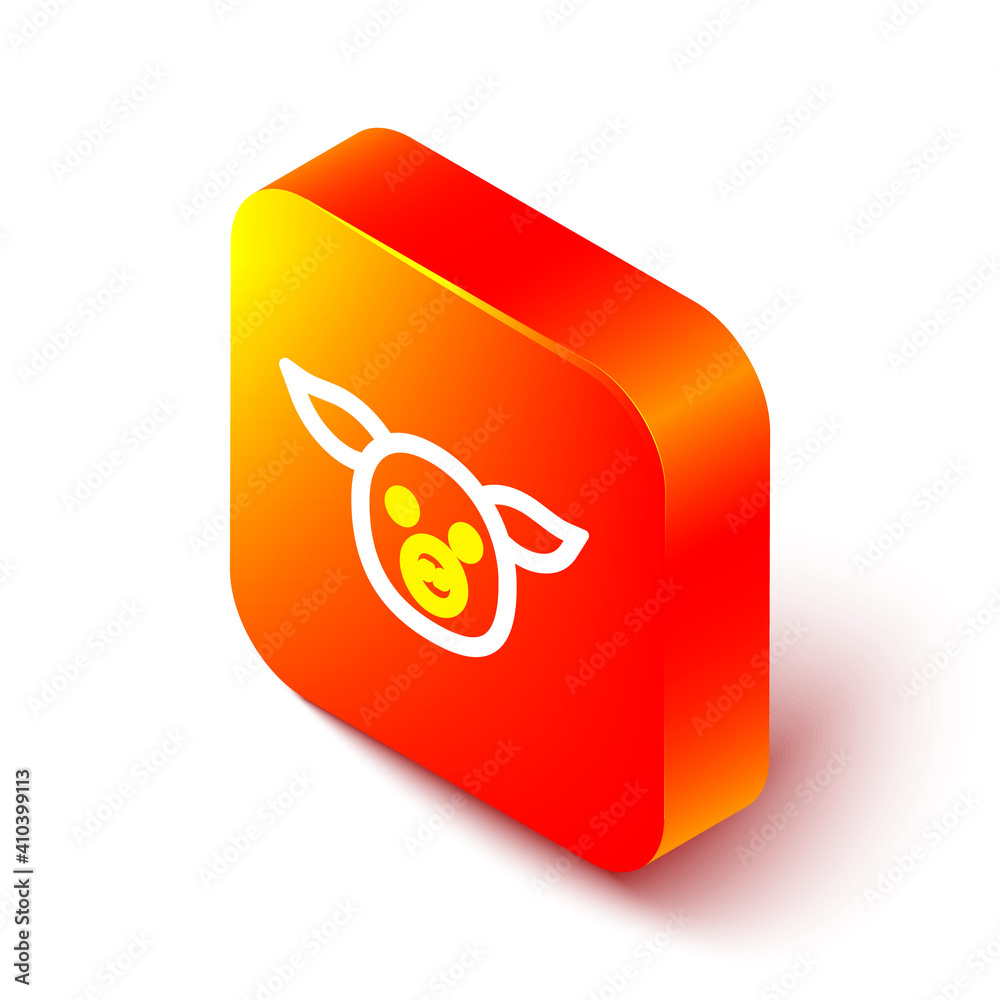 Isometric line Pig icon isolated on white background. Animal symbol. Orange square button. Vector.