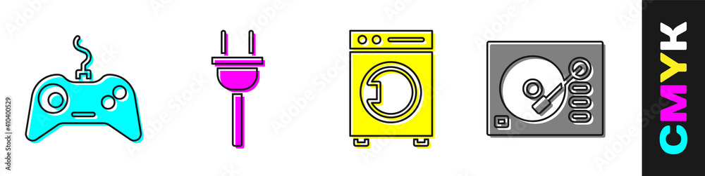 设置游戏板、电插头、垫圈和乙烯基播放器图标。矢量。