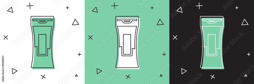 Set Bottle of shampoo icon isolated on white and green, black background. Vector Illustration.