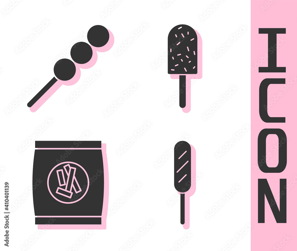 Set Corn dog, Meatballs on wooden stick, Hard bread chucks crackers and Ice cream icon. Vector.