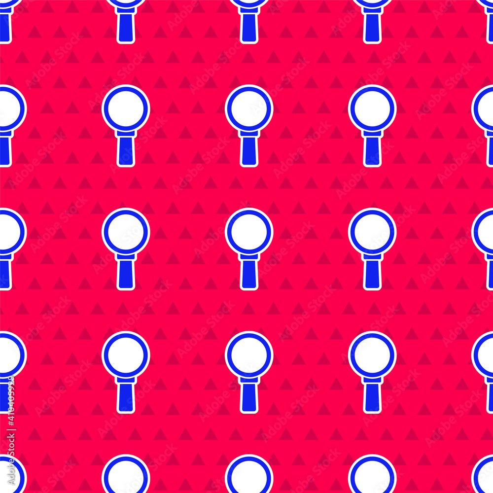 Blue Magnifying glass icon isolated seamless pattern on red background. Search, focus, zoom, busines