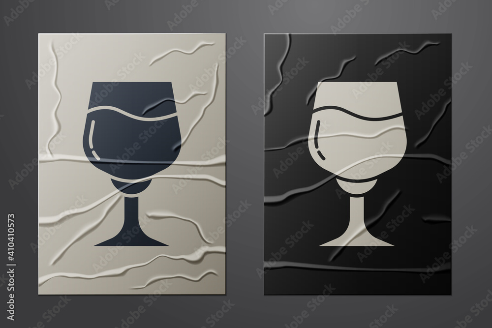 White Wine glass icon isolated on crumpled paper background. Wineglass sign. Paper art style. Vector