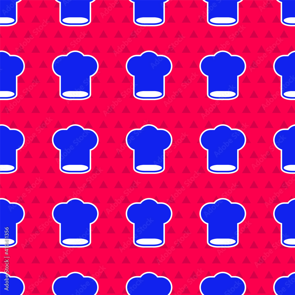 Blue Chef hat icon isolated seamless pattern on red background. Cooking symbol. Cooks hat. Vector.