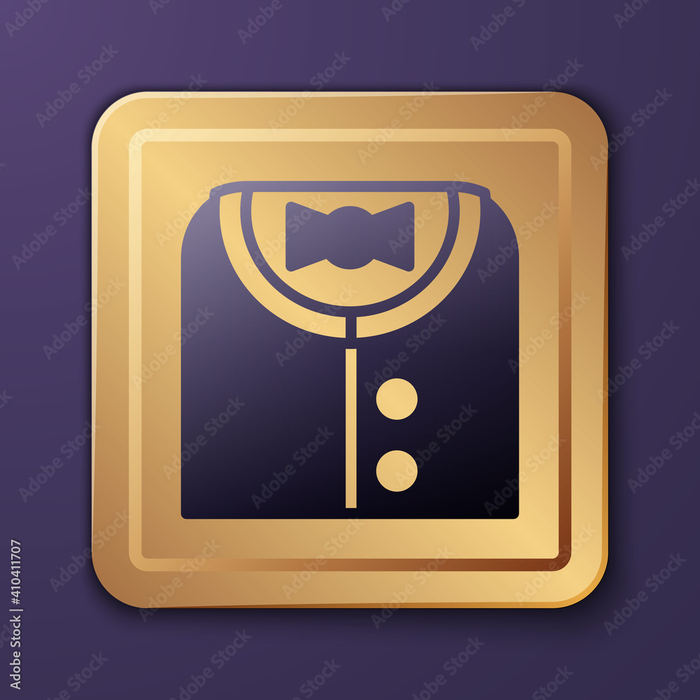 Purple Suit icon isolated on purple background. Tuxedo. Wedding suits with necktie. Gold square butt