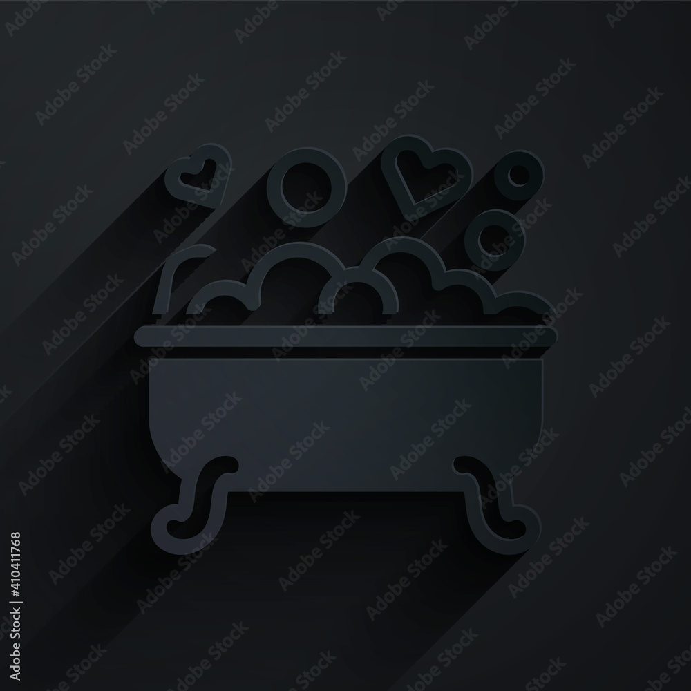 Paper cut Romantic in bathroom icon isolated on black background. Concept romantic date. Romantic Ba