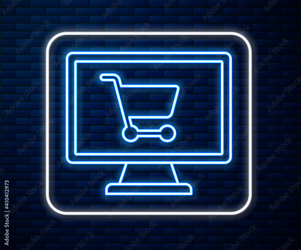 Glowing neon line Shopping cart on screen computer icon isolated on brick wall background. Concept e