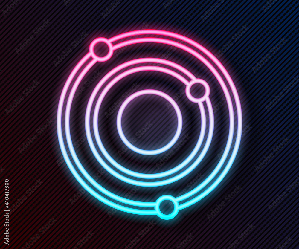 Glowing neon line Solar system icon isolated on black background. The planets revolve around the sta