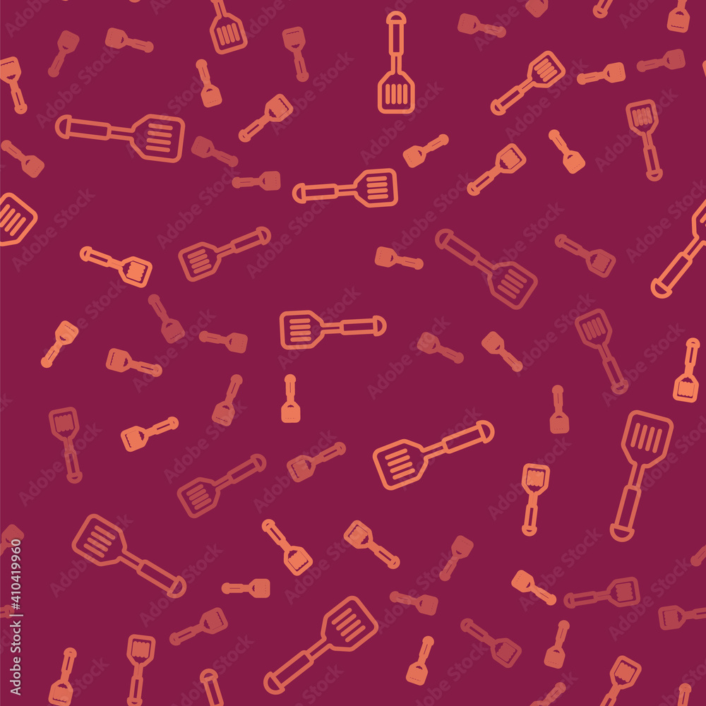 Brown line Spatula icon isolated seamless pattern on red background. Kitchen spatula icon. BBQ spatu