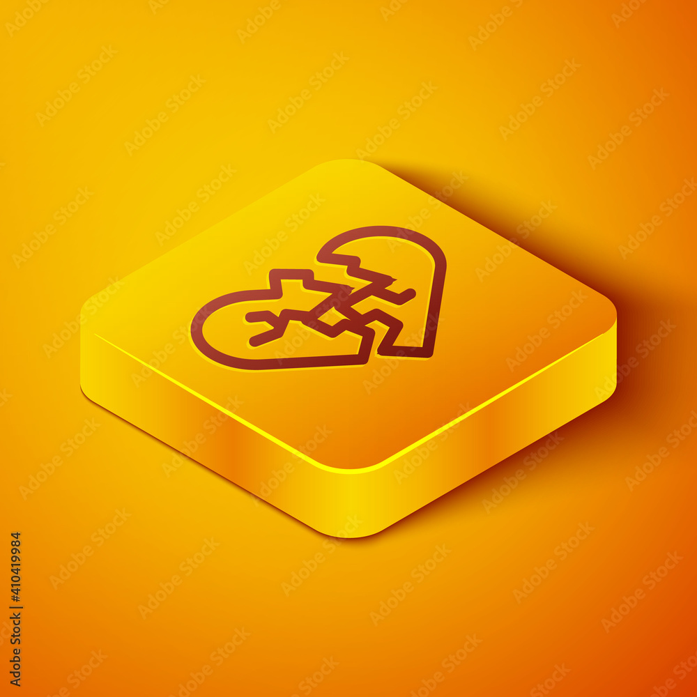 Isometric line Broken heart or divorce icon isolated on orange background. Love symbol. Valentines d