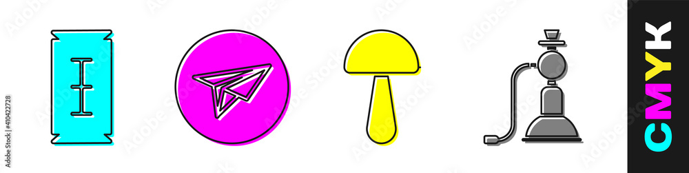 Set Blade razor, Messenger, Psilocybin mushroom and Hookah icon. Vector.