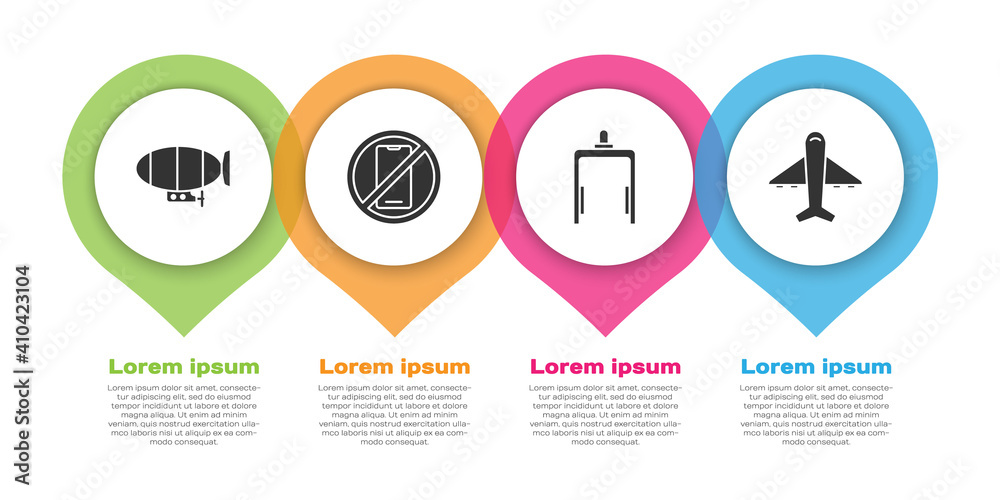 设置飞艇，无手机，机场和飞机中的金属探测器。商业信息图模板。Vect