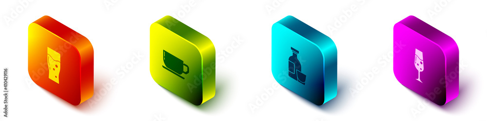 Set Isometric Glass of beer, Coffee cup, Alcohol drink Rum and champagne icon. Vector.