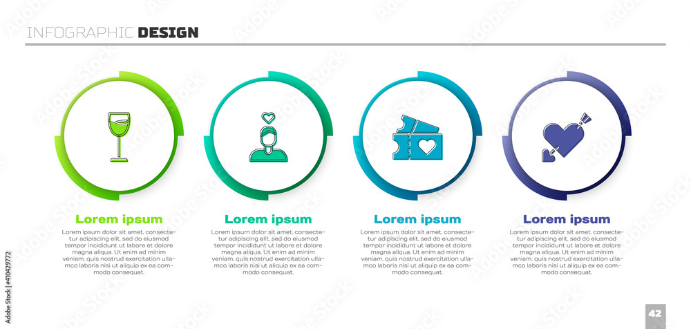 Set Wine glass, Couple love, Love ticket and Amour with heart and arrow. Business infographic templa