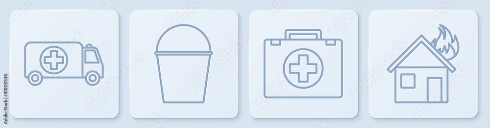 在燃烧的房子里设置救护车和急救车、急救箱、消防桶和火。白色平方米