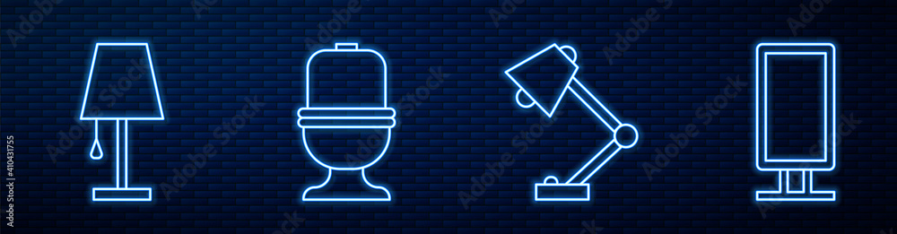设置行台灯、台灯、抽水马桶和大的全长镜子。砖上闪闪发光的霓虹灯图标