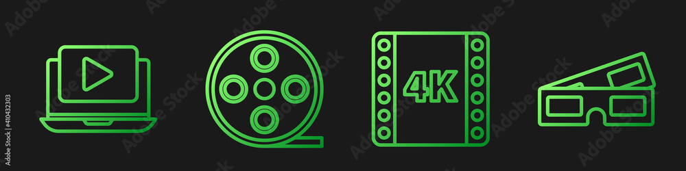 设置4k电影、磁带、相框、在线播放视频、电影卷轴和3D影院眼镜。渐变色i