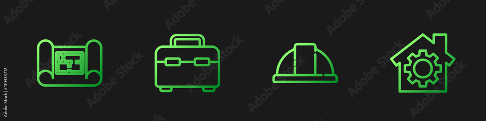 设线工人安全帽，房屋平面图，工具箱和装备。渐变色图标。矢量。
