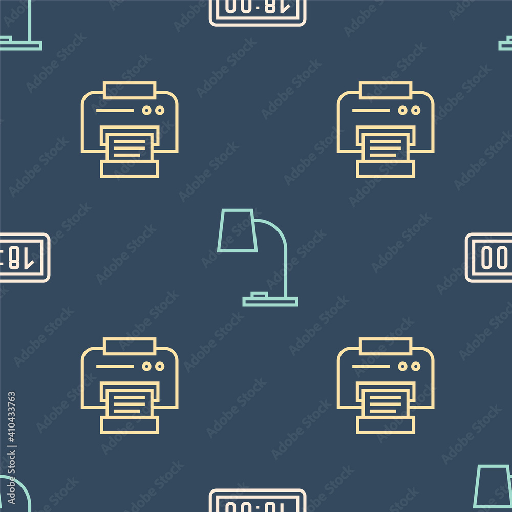 Set line Digital alarm clock, Printer and Table lamp on seamless pattern. Vector.